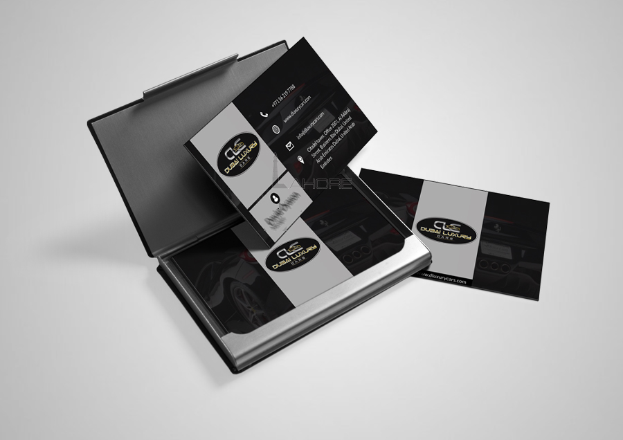 Business Presentation Card with D Luxury Branding in Black and Grey colors.